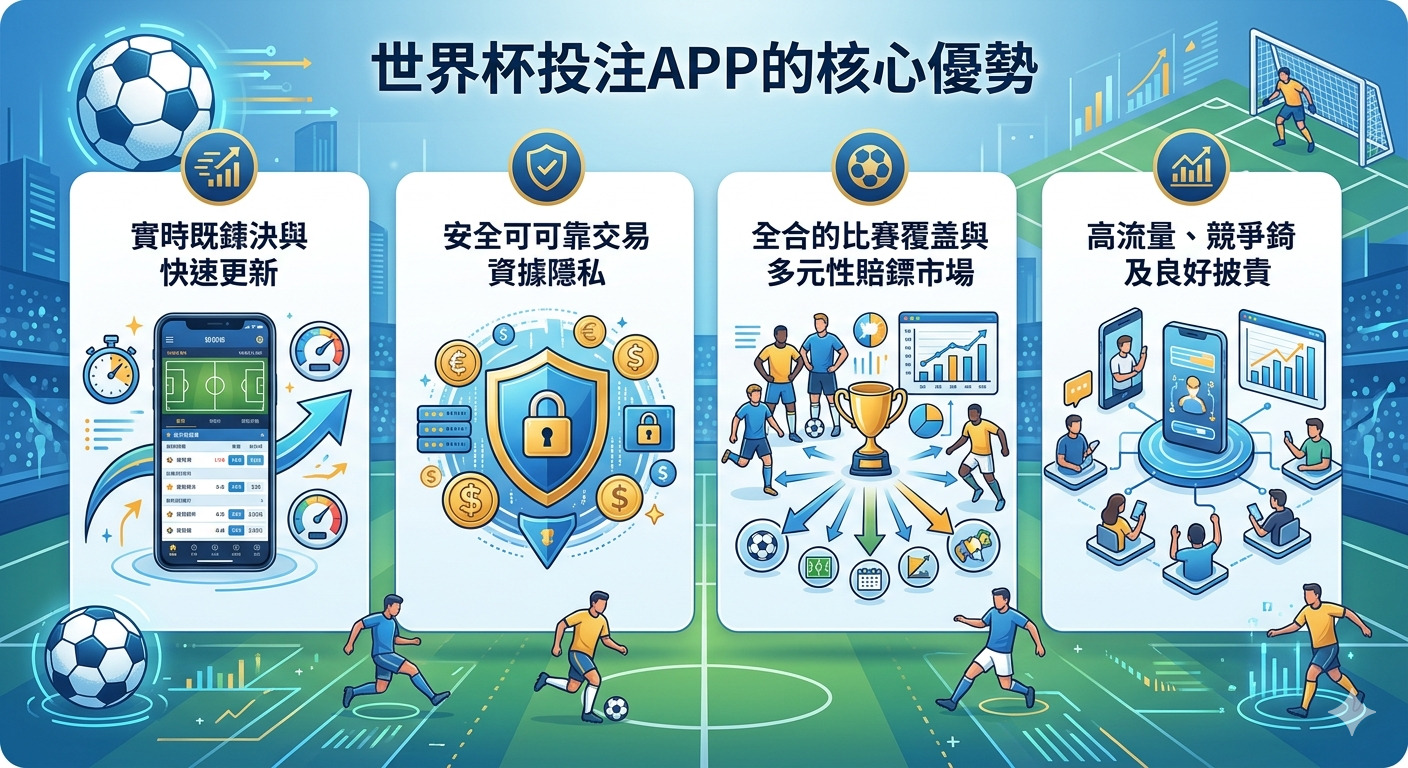 這張圖片展示了「世界杯投注APP的核心優勢」,透過四個專題區塊呈現即時數據更新、安全交易、賽事覆蓋與市場流量等關鍵特色。 整體設計結合了足球運動元素與科技數據分析風格,突顯出該應用程式在賽事投注領域的專業與競爭力。