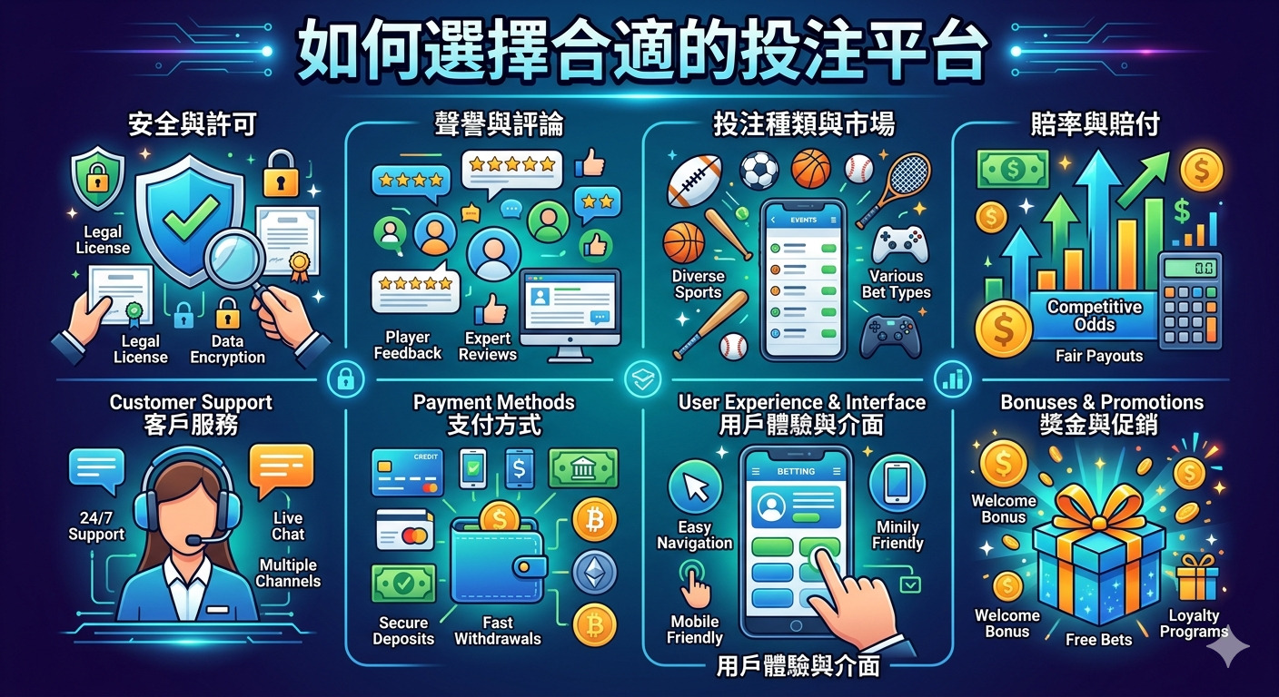 這張圖片以資訊圖表的形式呈現了選擇投注平台的關鍵標準,包含安全性、信譽、支付方式及用戶體驗等要點。 圖片標題為「如何選擇合適的投注平台」,透過圖示清晰地指引使用者評估投注平台時應考慮的核心面向。