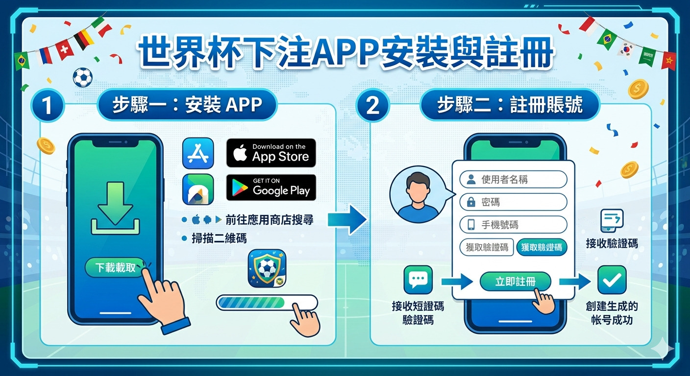 這張圖片展示了「世界杯下注APP安裝與註冊」的流程,包含從應用商店下載安裝的步驟。 接著說明了註冊帳號時輸入個人資料並接收驗證碼,最終成功建立帳號的完整過程。