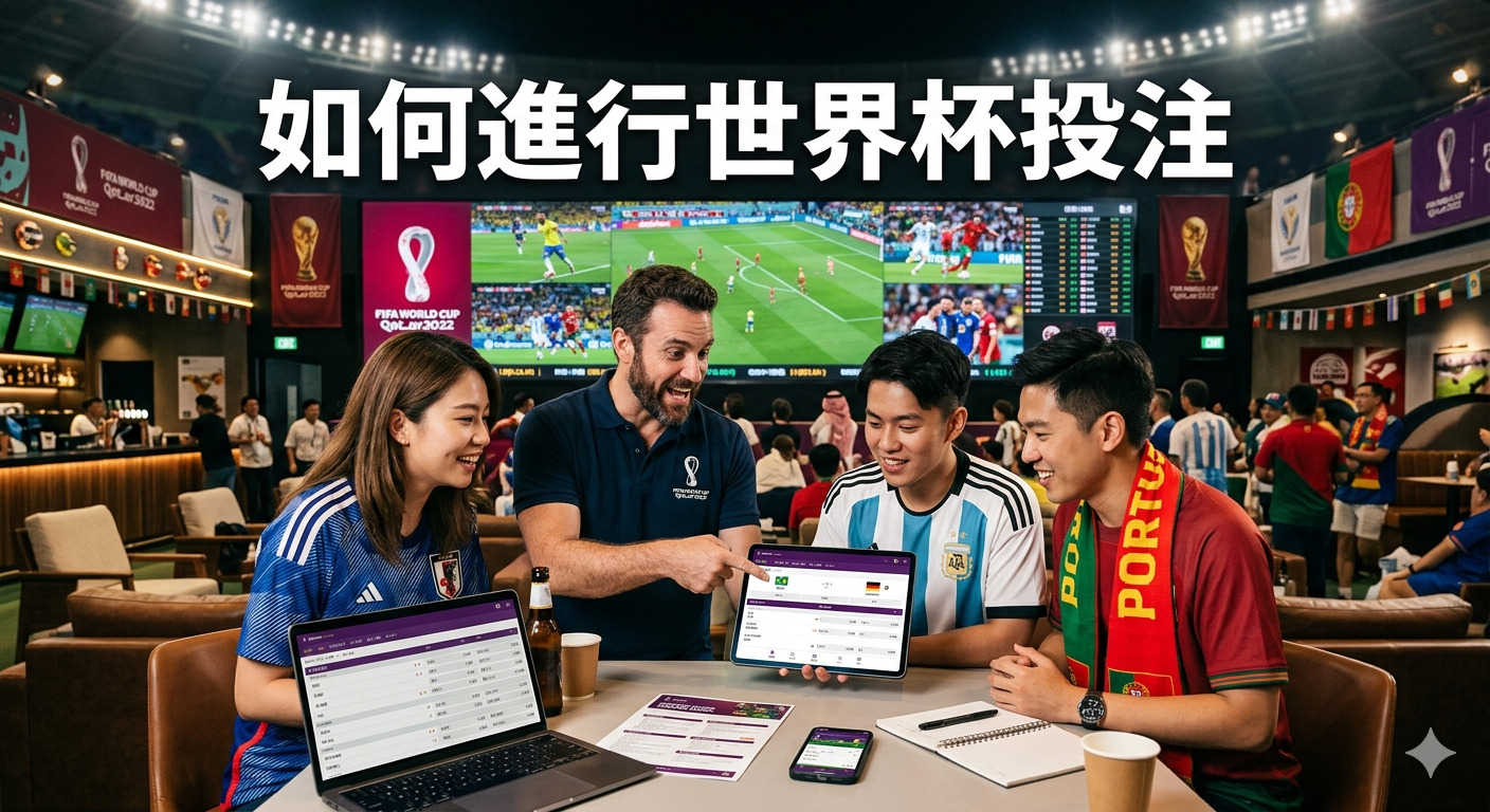 這張圖片展示了一群球迷在運動酒吧裡,透過筆記型電腦和平板電腦研究世界盃投注資訊。 畫面中央的人正熱情地向同伴解說投注介面,背景則是充滿足球賽事氣氛的螢幕與裝飾。