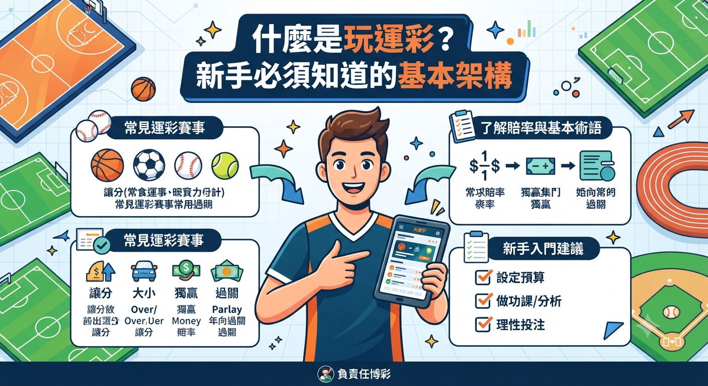 圖片展示了一位年輕人手持手機查看運動彩券資訊,背景融入了多種球類運動元素。 畫面正上方醒目地標示著「什麼是玩運彩?新手必須知道的基本架構」的主題文字。